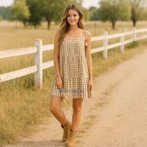 Maaji Vichy Chinni Plaid Tan White Mini Dress Cover Up Tassel Tie Size L